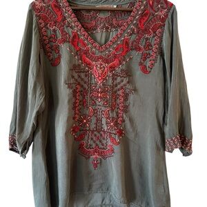Johnny Was Charcoal and Crimson Embroidered Blouse